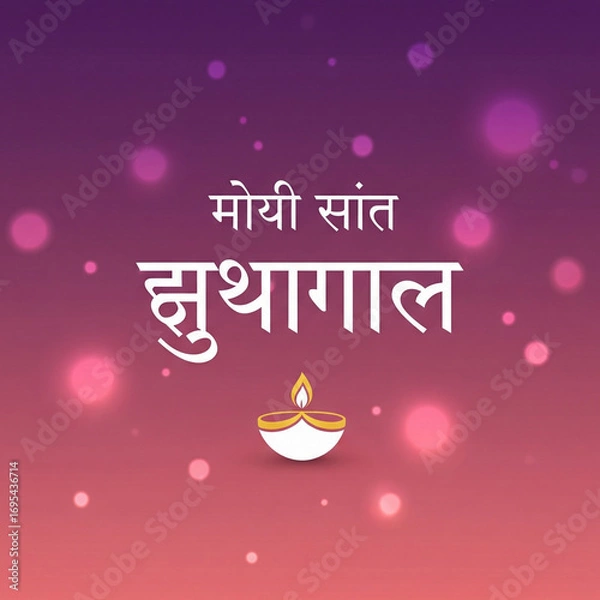 Fototapeta Minimalist modern greeting card with the text ‘दीवाली की शुभकामनाएं’ in sleek white and gold Devanagari typography, subtle diyas icon, gradient background of purple and pink, soft bokeh lights
