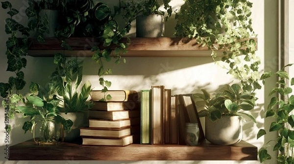 Obraz Wooden shelves with potted plants and books in a sunlit room.