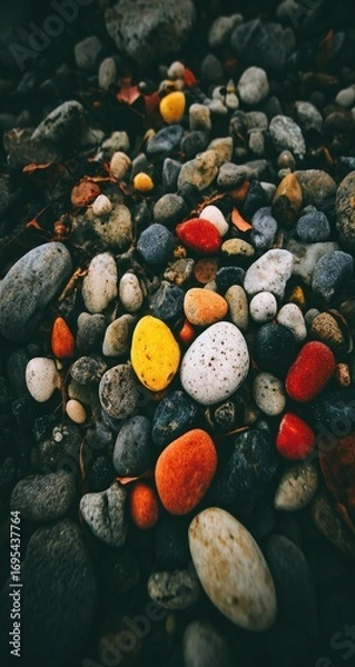 Fototapeta Close-up view of colorful pebbles on the ground.