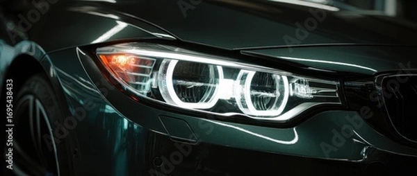 Obraz Close-up shot of a modern, dark green vehicle's headlight, brightly illuminated with ring-shaped LED daytime running lights