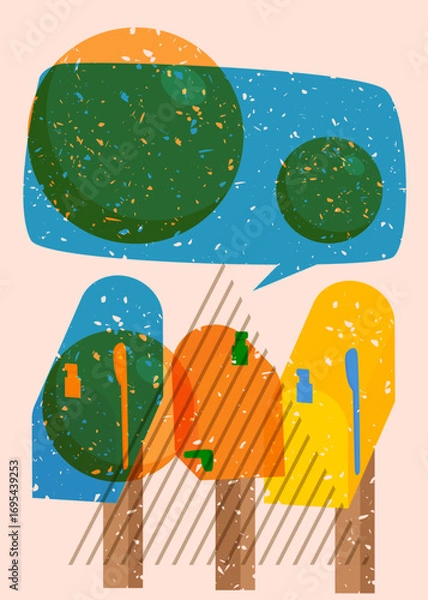 Fototapeta Risograph Mailbox with speech bubble with geometric shapes. Objects in trendy riso graph print texture style design with geometry elements.
