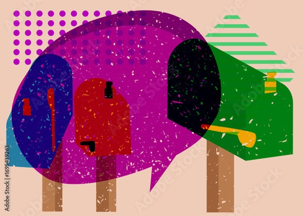 Fototapeta Risograph Mailbox with speech bubble with geometric shapes. Objects in trendy riso graph print texture style design with geometry elements.