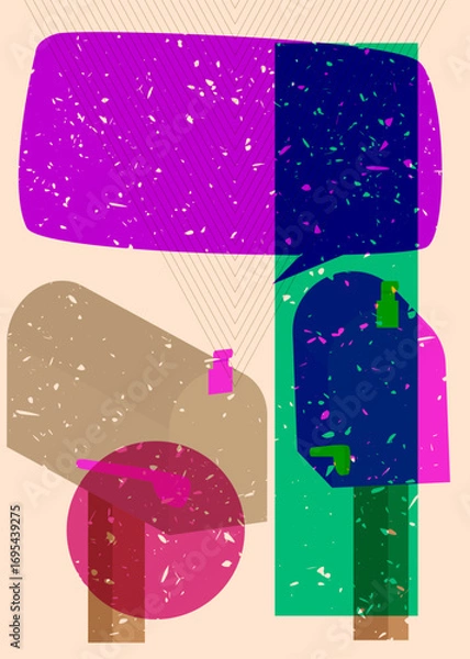 Fototapeta Risograph Mailbox with speech bubble with geometric shapes. Objects in trendy riso graph print texture style design with geometry elements.