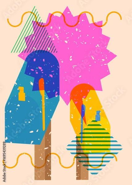 Fototapeta Risograph Mailbox with speech bubble with geometric shapes. Objects in trendy riso graph print texture style design with geometry elements.