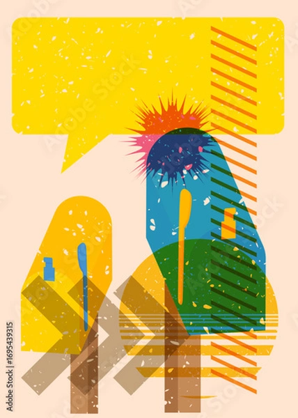 Fototapeta Risograph Mailbox with speech bubble with geometric shapes. Objects in trendy riso graph print texture style design with geometry elements.