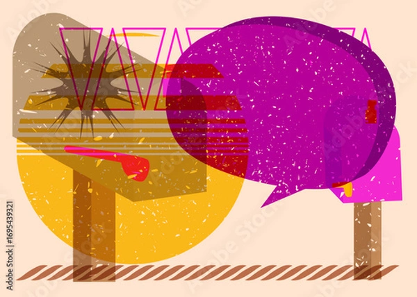 Fototapeta Risograph Mailbox with speech bubble with geometric shapes. Objects in trendy riso graph print texture style design with geometry elements.