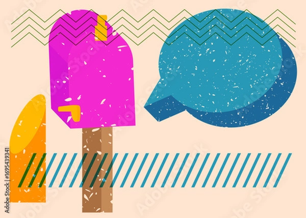 Fototapeta Risograph Mailbox with speech bubble with geometric shapes. Objects in trendy riso graph print texture style design with geometry elements.