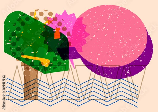 Fototapeta Risograph Mailbox with speech bubble with geometric shapes. Objects in trendy riso graph print texture style design with geometry elements.