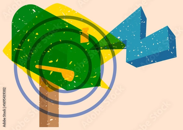 Fototapeta Risograph Mailbox with speech bubble with geometric shapes. Objects in trendy riso graph print texture style design with geometry elements.