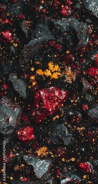 Fototapeta Close-up view of dark rocks and gems.