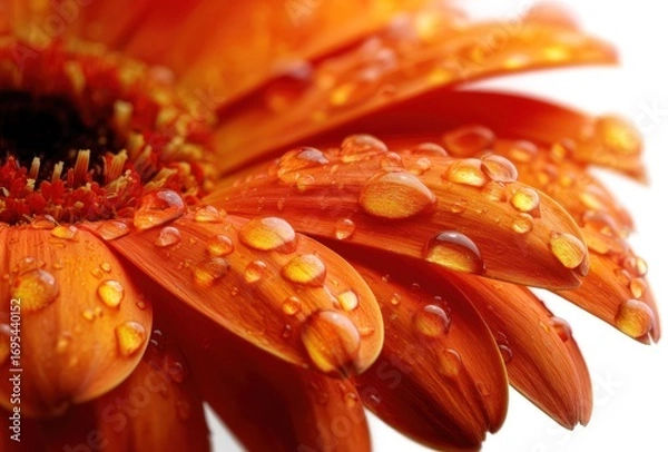 Obraz Close-up of a vibrant orange gerbera daisy with water droplets glistening on its petals against a bright white background