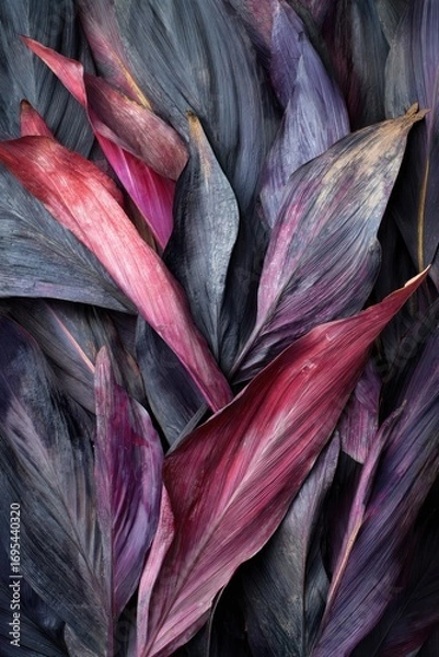Obraz Close-up photo of dark, moody, tropical leaves. Primarily shades of purple, red, and gray. Textured surface and organic pattern