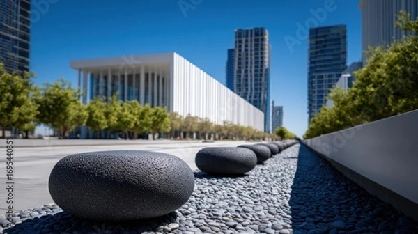Obraz Modern city scene with pebble-shaped seats and skyscrapers on a sunny day, vibrant green trees in the background
