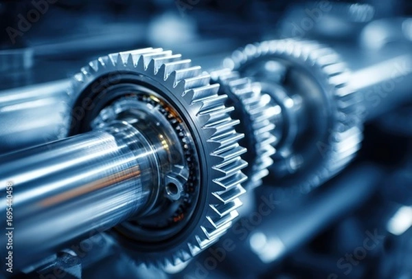 Obraz A close-up of shiny, metal gears mounted on a polished shaft, illuminated with reflected light, showcasing intricate mechanical design