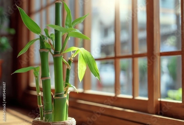 Obraz A bamboo plant with vibrant green leaves sits in a woven pot against a window with sunlight shining through the panes