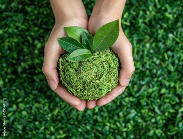 Obraz Gentle hands cradle a mossy sphere topped with leaves, set against a lush green field