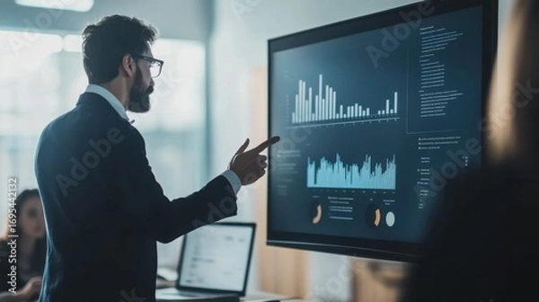Fototapeta officer presenting quality assurance metrics on a screen during a meeting, minimalist line art, blurred background