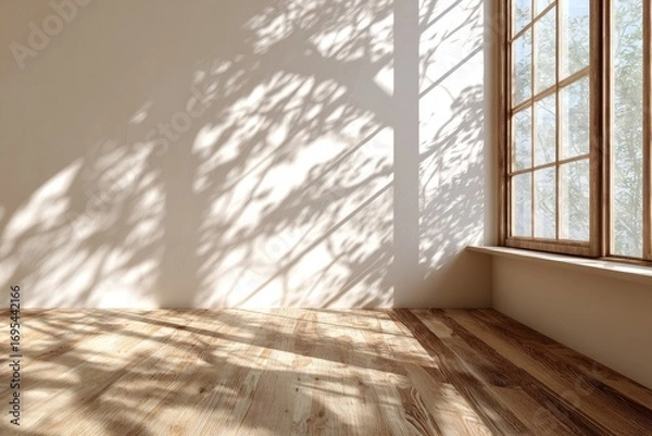 Fototapeta Light-filled room with tree shadows