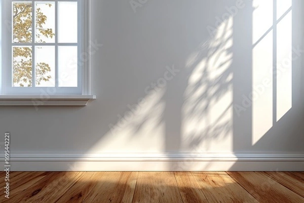 Fototapeta Sunlight streams into a room with a window and wood floor, casting shadows on the pale wall