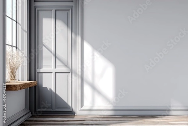 Fototapeta Light-filled room with gray trim, wooden shelf, and window