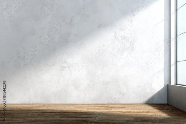 Fototapeta Empty, light-filled room with textured wall and wood floor. Sunlight casts a shadow