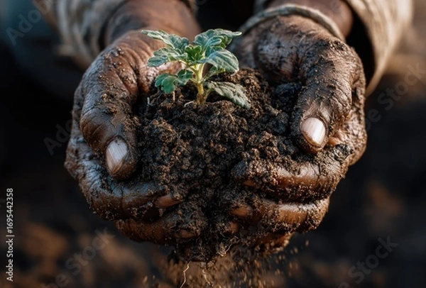 Obraz Dark-skinned hands cradle rich, dark soil with a tender, bright seedling, lit by golden sun
