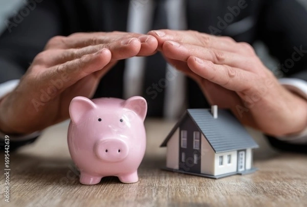 Obraz Piggy bank and model home on a wood table being protected by hands in a suit