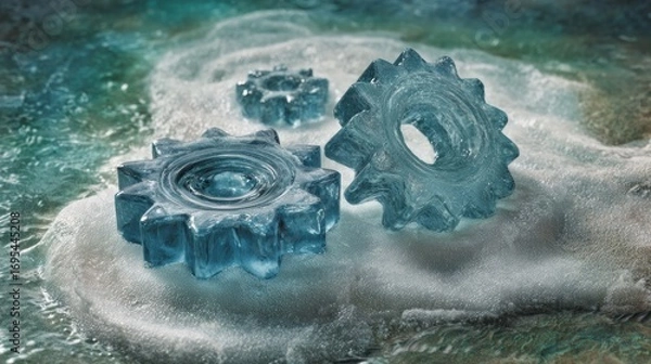 Obraz Frozen gears rest on icy terrain, light reflecting within their crystalline structure. Cold, abstract and conceptual