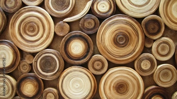 Obraz Circular wood slices display concentric rings, creating an abstract natural pattern with varying tones and textures