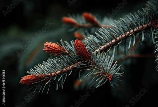Obraz Close-up of a blue spruce branch with budding tips in shades of red. The background is dark and blurred