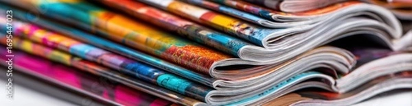 Obraz Stacked magazines, blurred, showing colored covers and white edges of pages in a close up, with shallow depth of field