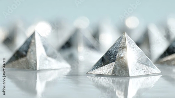Obraz Silver pyramids sit on a reflective surface, out of focus in the background, with cool lighting