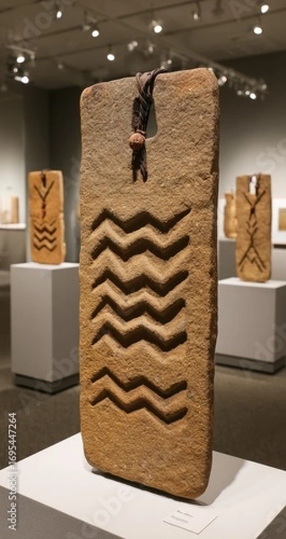 Fototapeta Carved stone slab with repeating zig-zag patterns.
