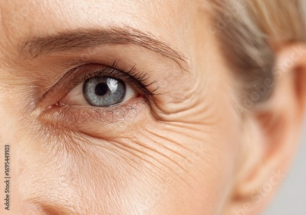 Obraz Close-up showing the delicate skin around an eye; detailed wrinkles and texture visible. The eye is a pale blue color, complemented by fair skin