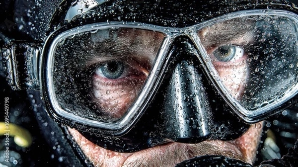 Obraz A person stares intensely through a water droplet covered diving mask, highlighting their blue eyes and serious expression