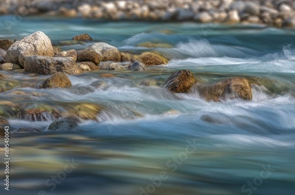 Obraz A river flows over and around rocks, the flowing water captured with a long exposure, creating a smooth, blurred motion effect