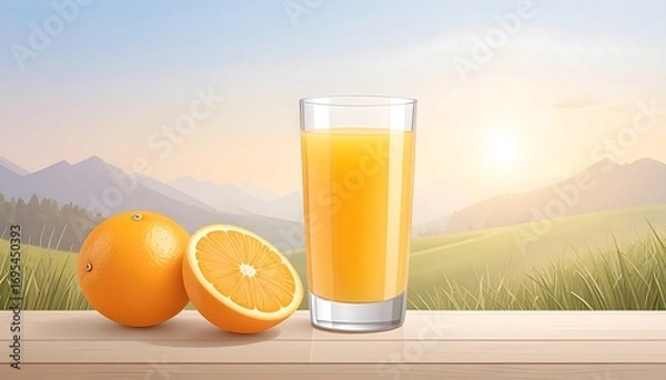 Obraz Glass of orange juice with oranges on a wooden table, beautiful landscape in the background