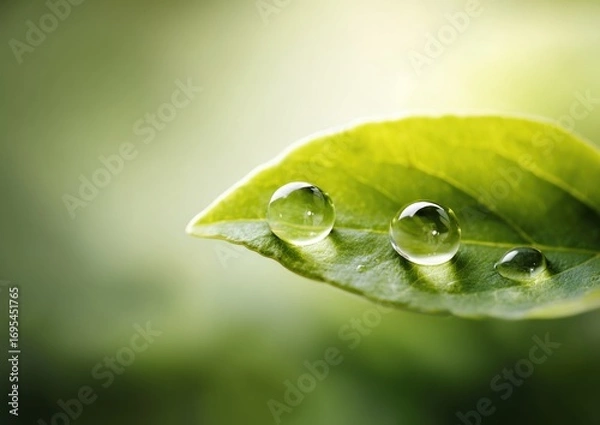 Obraz Dewy leaf tip three clear water droplets cling to a bright green leaf tip against a soft-focus background of lush greens, sunlit
