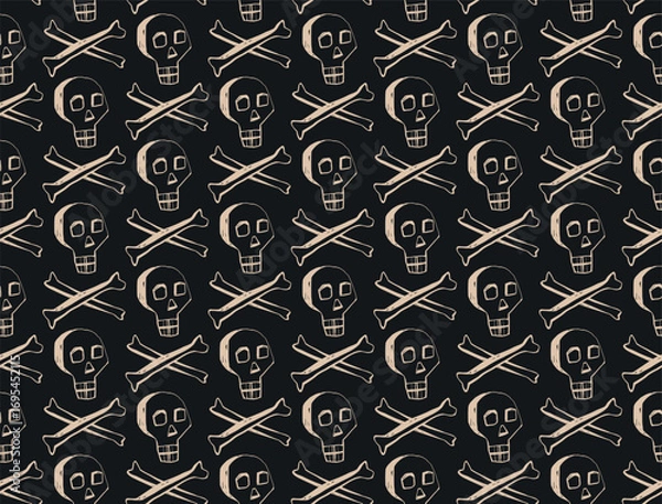 Fototapeta Seamless vector pattern with beige skulls and bones on black background halloween gothic design projects