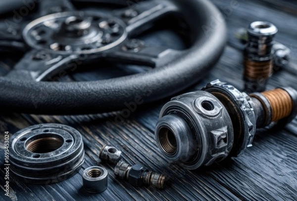Obraz Automotive parts with a gray steering wheel on dark wood, showcasing metal details and mechanical components in a close-up perspective
