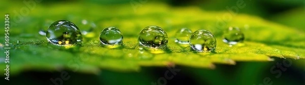 Obraz A vibrant green leaf adorned with dewdrops catches the light, creating tiny mirrored spheres reflecting the surrounding greenery in sharp clarity