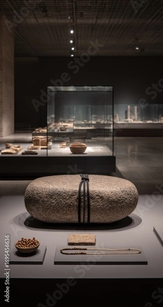 Fototapeta Large, oval-shaped stone object displayed in a museum exhibit.