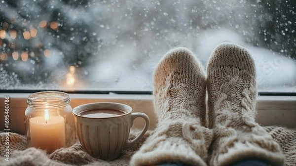 Obraz A cozy winter scene with a person's feet in warm socks, a hot drink, and a candle by a window with falling snow outside.