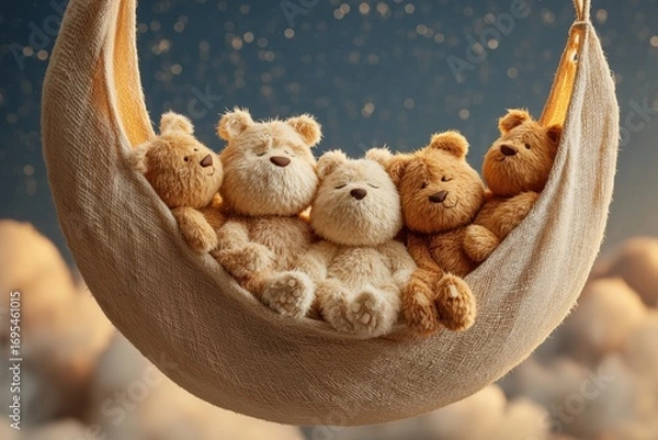 Fototapeta Four teddy bears snoozing in a crescent moon hammock