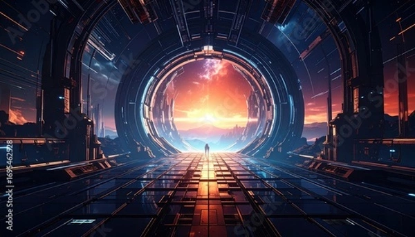 Fototapeta A futuristic tunnel corridor opens to a vibrant sunset, showcasing intricate architecture and a sense of wonder.