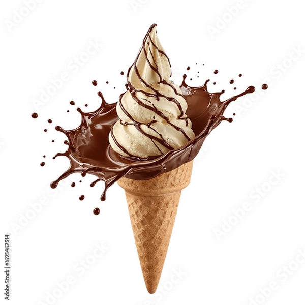 Fototapeta Ice cream cone explosion with chocolate topping against a minimalist background