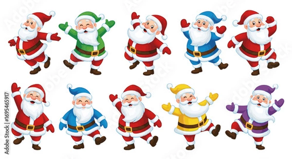 Fototapeta Cartoon illustrations depicts a cheerful and jolly Santa Claus in a variety of dynamic, happy dance poses. Each Santa is playfully colored in a different vibrant hue.