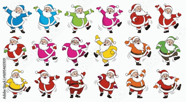 Fototapeta Cartoon illustrations depicts a cheerful and jolly Santa Claus in a variety of dynamic, happy dance poses. Each Santa is playfully colored in a different vibrant hue.