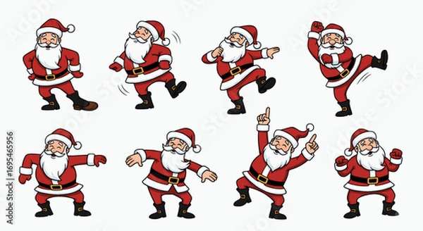 Fototapeta A lively set of cartoon illustrations depicts a cheerful and jolly Santa Claus in a variety of dynamic, happy dance poses. 