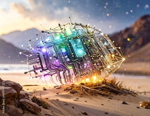 Obraz Glittering circuit sphere rests on a sandy beach